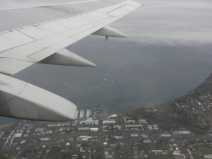 You can see a whole bunch of sailboats sitting in the harbor as we take off from Seattle's Sea-Tac Airport.