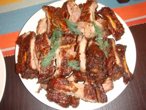 Honey-glazed ribs of pork.