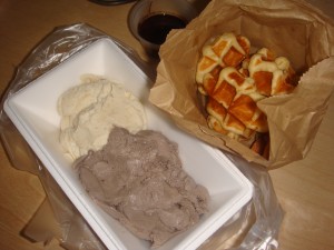 delicious vanilla and chocolate ice cream with belgian waffles
