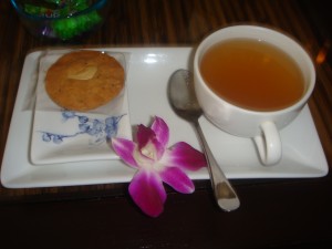 ginger tea with almond cookie at let's relax spa in phuket thailand