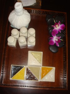tray of herbal scents and facial treatment options at let's relax spa in phuket thailand