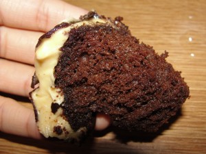 Mmm, chocolate cupcake with caramel frosting and chocolate ganache! :)