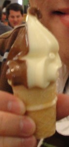 kid-sized ice cream cone with chocolate and vanilla swirl ice cream