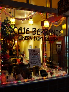 festive display in window of casa barranca tasting room