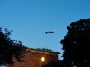 blimp floating over UCLA campus