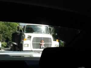 ernie tied to the front of a big rig