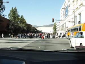 people crowding crosswalk in Pasadena
