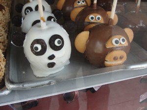 candied apples in the shape of pandas and monkeys
