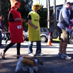 dog dressed as hot dog with owners as ketchup and mustard for haute dog parade 2010