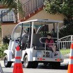 family watches haute dog parade 2010 from electric or solar golf cart-looking vehicle