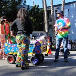 dog dressed as hippies on hippy float for haute dog parade 2010
