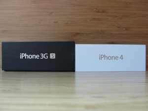 side view of iphone 3gs and iphone 4 boxes with the names of the phones