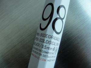closeup of dba pen packaging saying it is 98% biodegradable