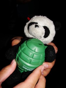oskar holds a vibrating stress reliever in shape of grenade