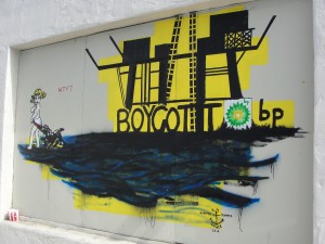 painting on wall in santa barbara saying "boycott bp"