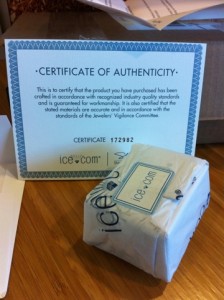 ice.com jewelry box wrapped in tissue paper with certificate of authenticity