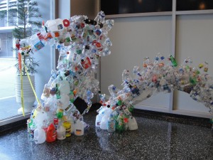 side view of head of dragon made from recycled plastic bottles