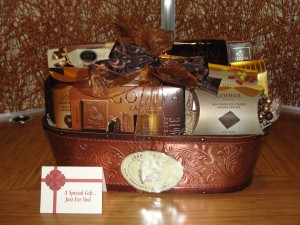 gift basket filled with godiva chocolates