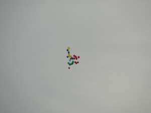 large cluster of balloons floating high into the sky