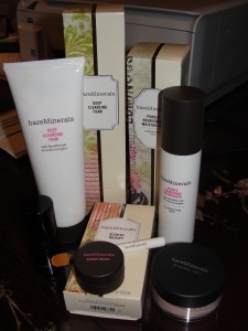 bare minerals items ordered from sephora, including deep cleansing foam, purely nourishing moisturizer, mineral veil, face brush, blemish therapy, and blemish brush