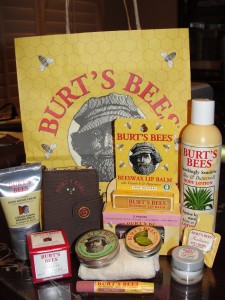 first burt's bees goodie bag i got, with shea butter hand repair cream, pomegranate line-smoothing eye cream, burt's bees wallet, res-q ointment, peony lip shimmer, face towel, lemon butter cuticle cream, pink blossom tinted lip balm, watermelon lip shimmer, beeswax lip balm, aloe body lotion, royal jelly eye creme, and royal jelly day creme