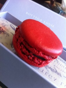 red macaroon with chocolate ganache filling called the grand cru, from bottega louie