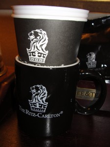 ritz-carlton logo on paper travel mug and ceramic mug at ritz-carlton marina del rey