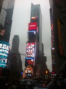 times square in 2012 on a misty overcast day