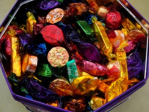 purple tin octagonal box of assorted quality street chocolates by nestle