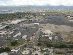 view of hickam air force base on oahu from plane