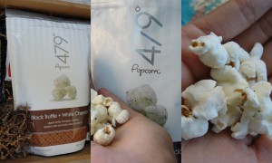 collage of 479 popcorn in black truffle and white cheddar flavor