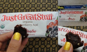collage of betty lou's justgreatstuff cereal bar in superberry acai flavor
