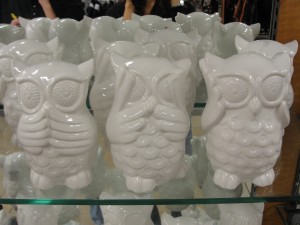 set of three white ceramic owls with see no evil hear no evil speak no evil theme