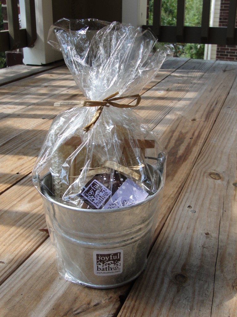 gift basket tin pail set of joyful bath co oatsy floatsie soap, sisal pouch, and wooden soap cradle