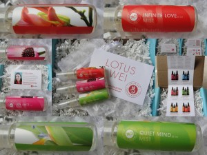 collage of lotus wei energy mists included in the july 2012 yuzen box - three scents: infinite love, joy juice, and quiet mind