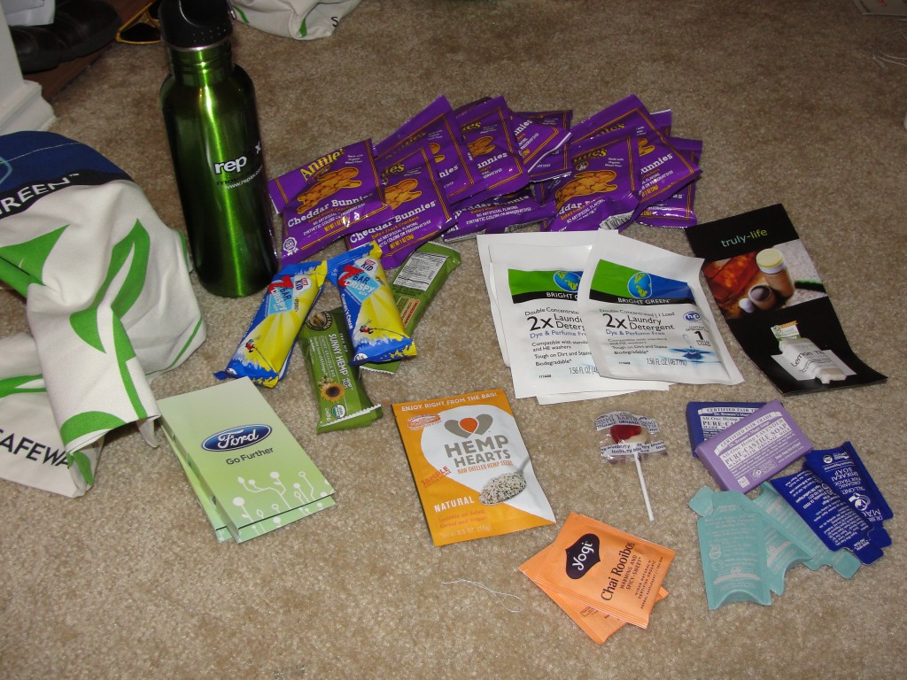 a collection of free things acquired from green festival dc 2012 on day 2