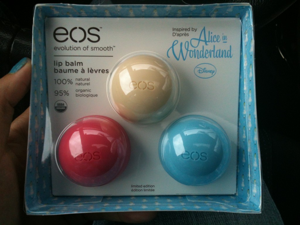 limited edition set of alice in wonderland-themed lip balms by eos at target only