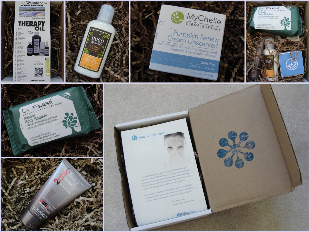collage of august skin 'n' hair care blissmobox contents
