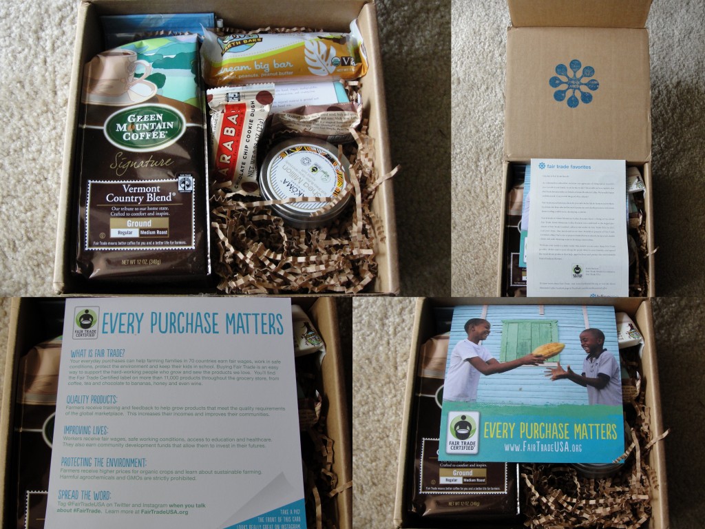 collage of september fair trade favorites ii blissmobox contents including green mountain coffee, eli's earth bar, hand in hand soap, two larabars, ecolips lip balm, and akoma shea butter