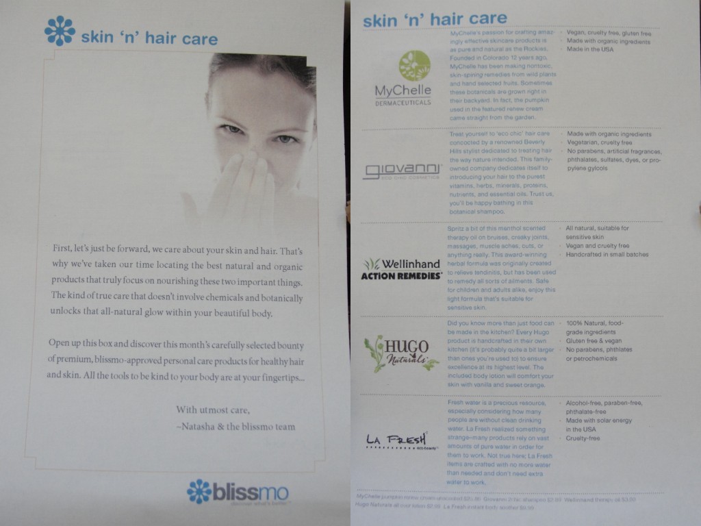 collage of blissmobox skin 'n' hair care info sheet