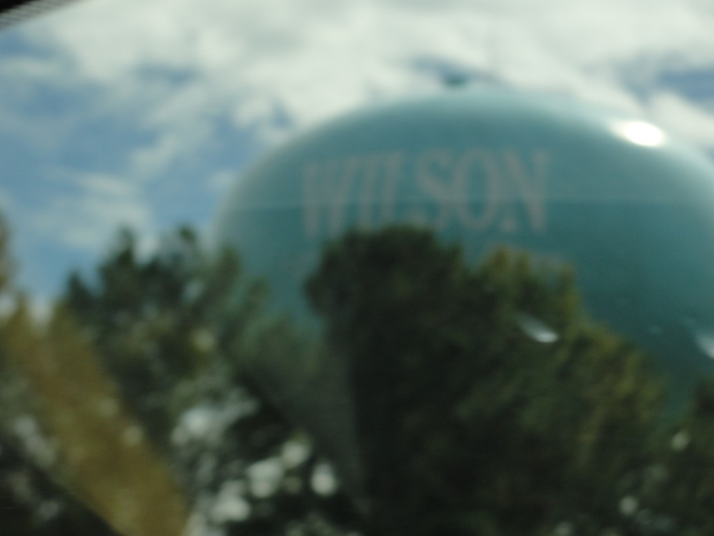 large blue water tower in the town of wilson