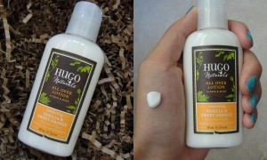 collage of hugo naturals all over lotion in comforting vanilla & sweet orange scent
