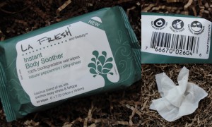 collage of la fresh eco-beauty instant body soother towelettes in natural peppermint scent
