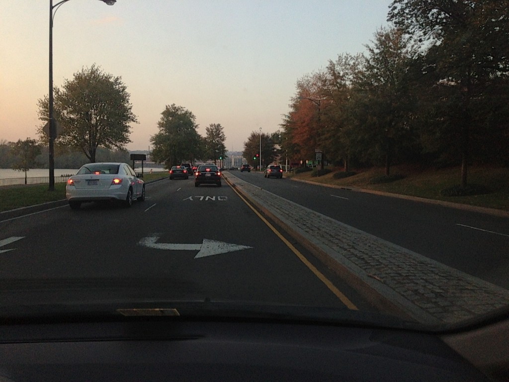 driving on left side of road divider due to traffic redirect for special event at kennedy center in dc