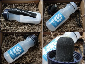 collage of bates water filtration bottle with blissmo branding