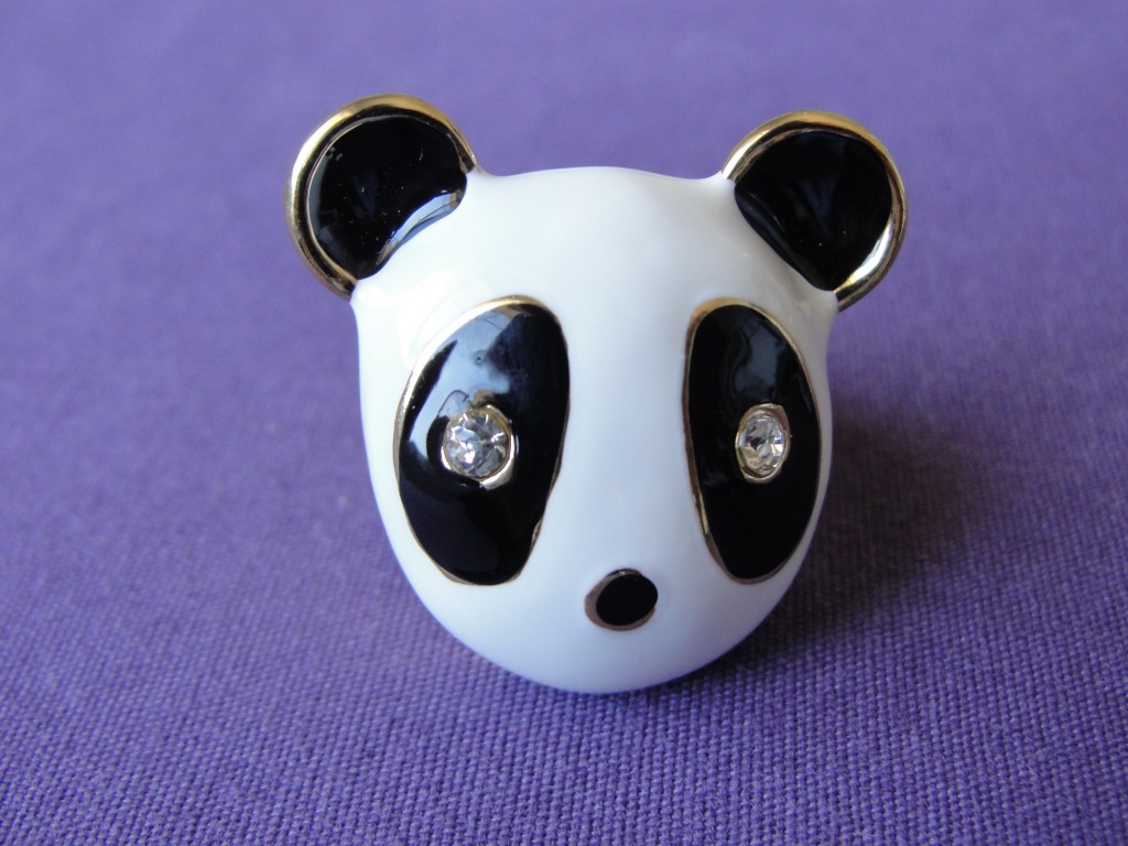 giant metal panda face ring with gem eyes