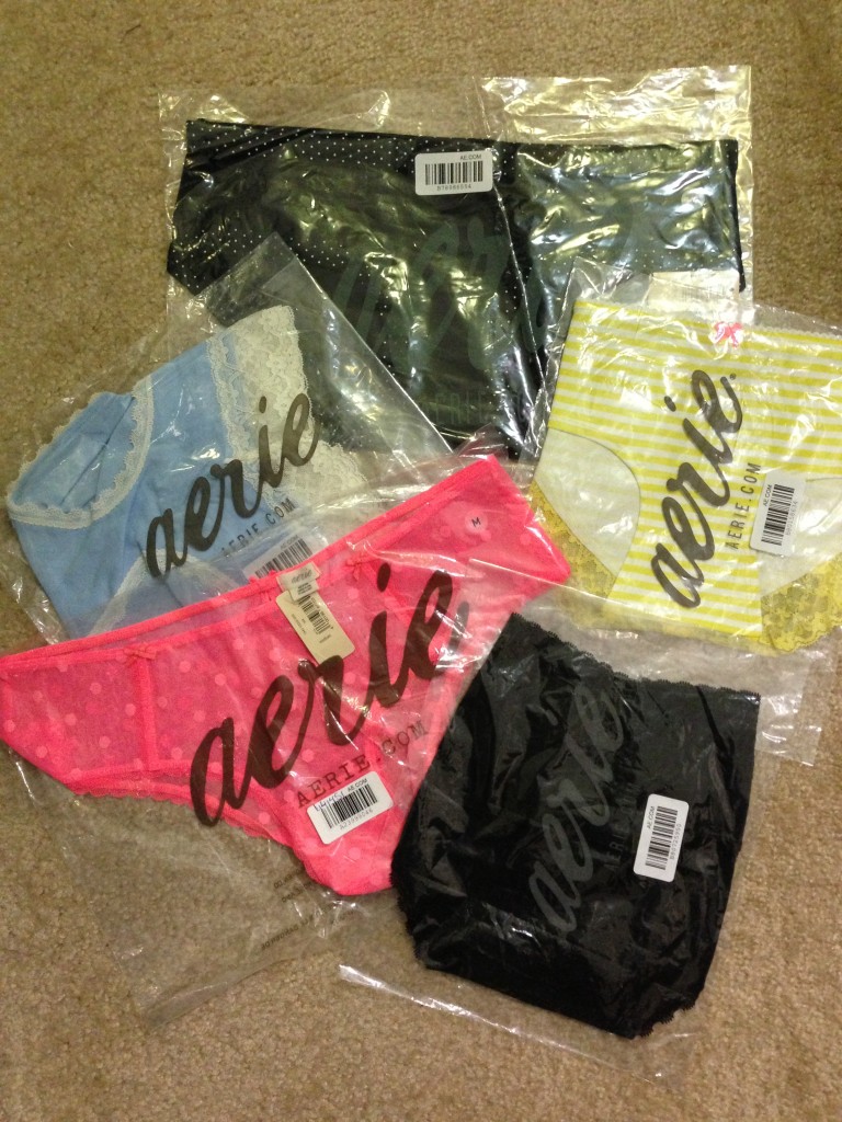 five different aerie underwear in plastic bags