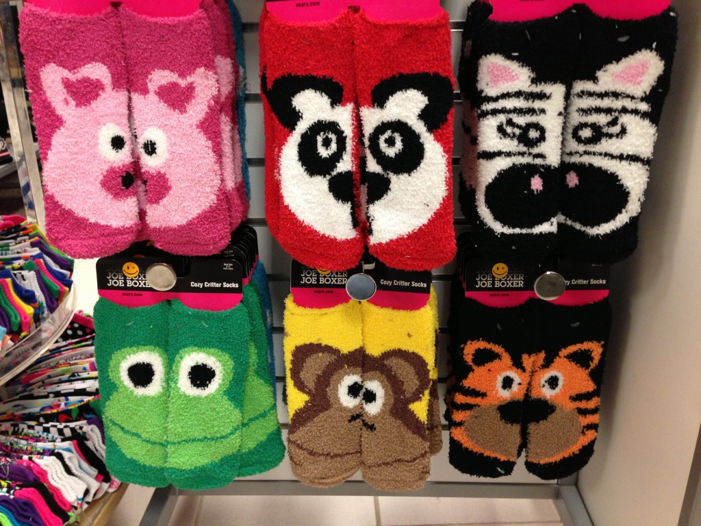 socks with half of animal face on one foot and half of face on other foot