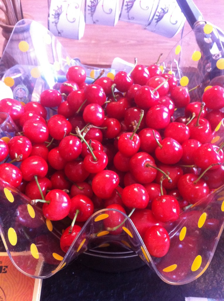 bowl of bright red cherries