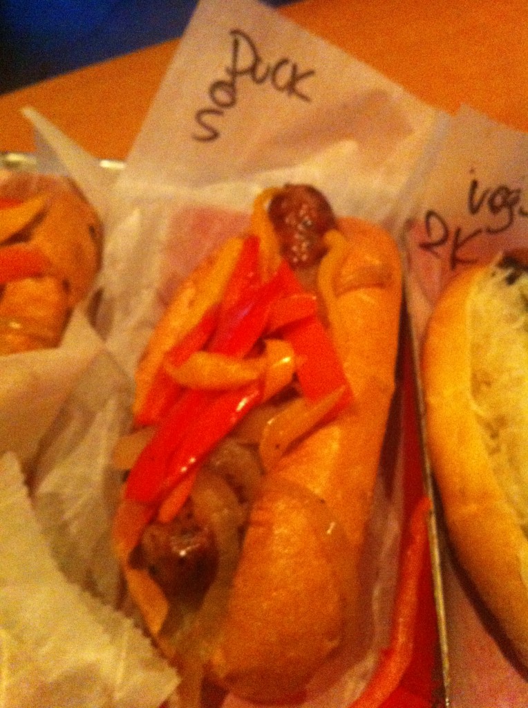duck & bacon sausage with onions and sweet peppers at wurstkuche